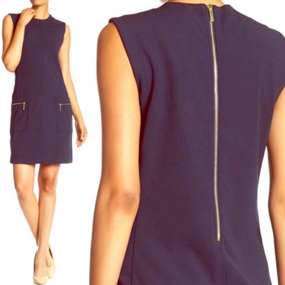 Sharagano Green Sheath Dress with Exposed Zippers on Front Pockets and down Back - Picture 7 of 7